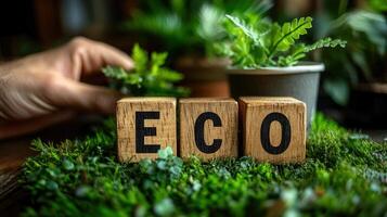 Wooden blocks spelling 'eco' are set on a bed of moss with plants in the background. photo