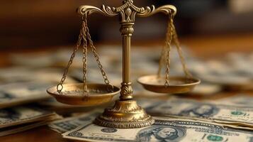 A golden balance scale sits on top of several scattered dollar bills, symbolizing wealth. photo