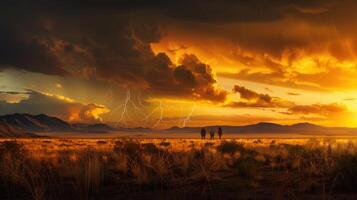 Three figures observe a dramatic lightning display under a vibrant, golden sunset sky. photo