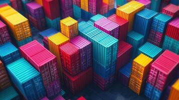 Colorful shipping containers are stacked high, representing global trade and logistics. photo