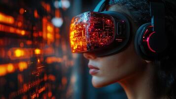 A person is engaged in a virtual reality experience using a modern, futuristic headset. photo