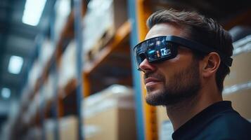A man wearing augmented reality glasses looks ahead in a large warehouse environment. photo