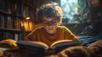 Young boy engrossed in a book, wearing glasses, surrounded by bookshelves and warm light. photo