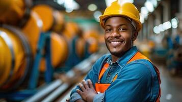 An industrial worker wearing a safety helmet smiles confidently with his arms crossed in the warehouse. photo