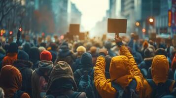 Large group of protesters march down the street with signs and placards during a protest. photo