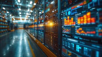 Modern data center filled with high-tech servers, reflecting data analytics and computing. photo