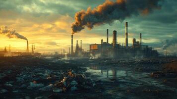 Industrial complex releasing pollution into the atmosphere at sunset, a visual of contamination. photo