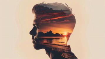 Double exposure art blends a man's profile with a serene sunset over tranquil waters and calm skies. photo