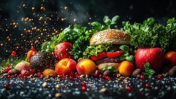 A mouthwatering burger and fresh fruits composition, ready for a gourmet culinary experience. photo