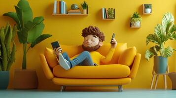 Cartoon man relaxing on a yellow sofa and holding two smartphones in a bright, cozy living space. photo