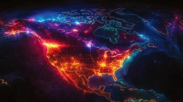 A captivating digital illustration of North America viewed from space, with illuminated cities. photo