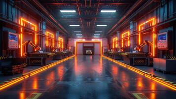 Futuristic factory interior with robotic arms and neon lights, showcasing advanced automation. photo