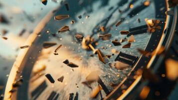 A clock face explodes into fragments, a visual metaphor for the fleeting and destructible nature of time. photo