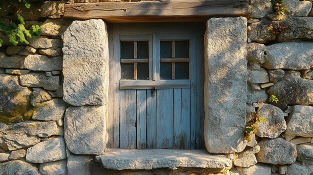 A weathered blue door set in a stone wall, a classic view of rustic architecture. photo