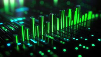Vibrant green equalizer bars rise, visualizing sound waves in a digital audio display. photo