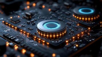 Close-up of a computer motherboard with glowing circuits and components, showcasing technology. photo