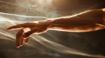 A human hand outstretched, bathed in warm sunlight with flowing smoke, creating depth. photo