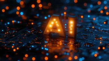 A glowing ai acronym is placed on a circuit board with blurred light dots, suggesting a futuristic tech theme. photo