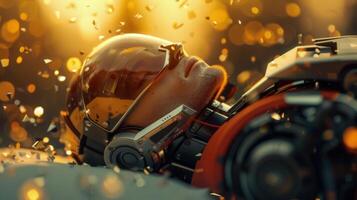 A futuristic person in a robotic suit resting against mechanical components in a golden scene. photo