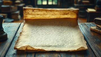 An antique parchment scroll with elegant handwritten text on a wooden desk in soft light. photo