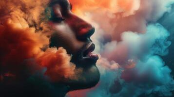 A serene profile of a person enveloped in a vibrant cloud of colorful, artistic smoke. photo