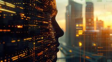 A striking digital art piece showing an ai face silhouette overlaid on a cityscape backdrop. photo