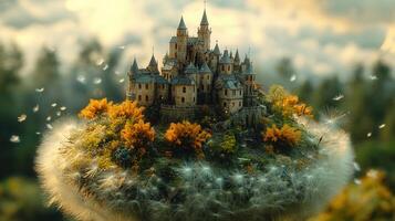 A beautiful castle rests on a fluffy dandelion, creating a dreamy and magical landscape. photo