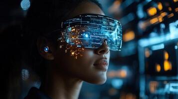 A woman wearing vr glasses is experiencing a futuristic digital interface with virtual reality. photo