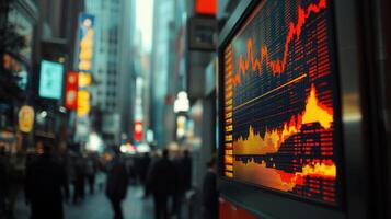 The financial district shows a stock market display with an urban street and bustling people. photo