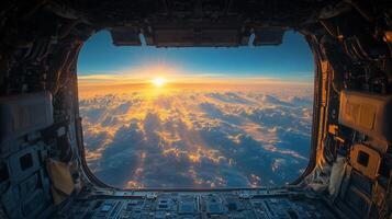 Spectacular sunrise view through a spacecraft window, above the clouds and toward the golden horizon. photo
