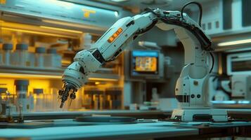 A sophisticated robotic arm performs tasks in a modern, high-tech laboratory setting. photo