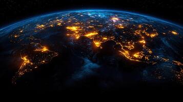 A breathtaking view of Earth at night, illuminated by city lights, from space. photo