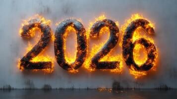The year 2026 is presented dramatically in burning numbers on a textured concrete wall. photo