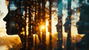 Silhouettes of people against a beautiful sunset, creating a warm and artistic scene. photo