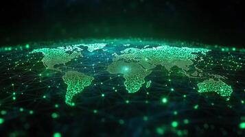 A stunning digital world map showing global connectivity with glowing green networks. photo