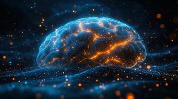 Glowing brain illustration with energy and sparks, representing the mind in the digital space. photo