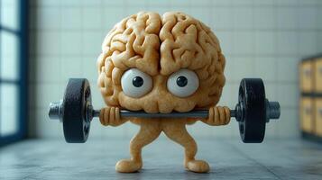 A cartoon brain character is lifting weights in a gym, symbolizing mental fitness and strength. photo