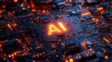 A vibrant image highlighting artificial intelligence, visualized within a complex circuit board design. photo