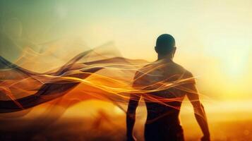 A man stands in silhouette facing the sunrise with an overlay of glowing energy design. photo