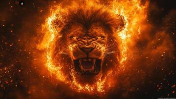 A powerful, roaring lion head, engulfed in flames with a fiery and intense orange glow. photo
