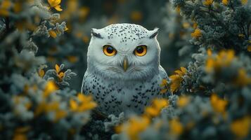 A snowy owl with yellow eyes, framed by vibrant yellow leaves and frosted branches. photo