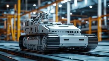 A futuristic industrial robot navigates a factory, showcasing innovation and advanced technology. photo
