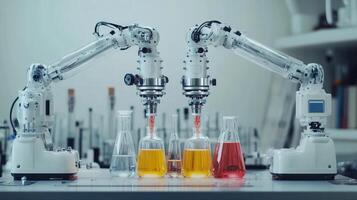 Robotic arms carefully dispense liquids in a sterile laboratory setting, showcasing innovation. photo