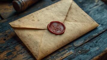 A vintage letter sealed with wax, resting on a weathered wooden surface, evoking nostalgia. photo