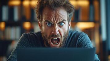 An angry man yells in frustration at his computer, showing intense emotions. photo
