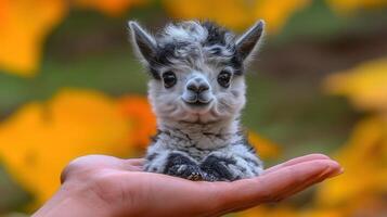 A precious alpaca baby is carefully held in a human hand against a vibrant autumnal backdrop. photo