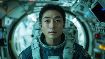 An asian astronaut in a space suit looks determined inside a spaceship's cockpit. photo