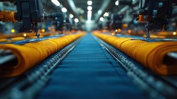 An industrial scene of sewing machines stitching fabric in a textile factory setting. photo