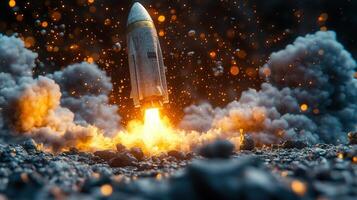 Dramatic image of a rocket blasting off, surrounded by smoke and fiery orange flames. photo