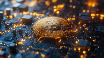 Bitcoin on a circuit board, highlighting the digital currency and blockchain technology. photo